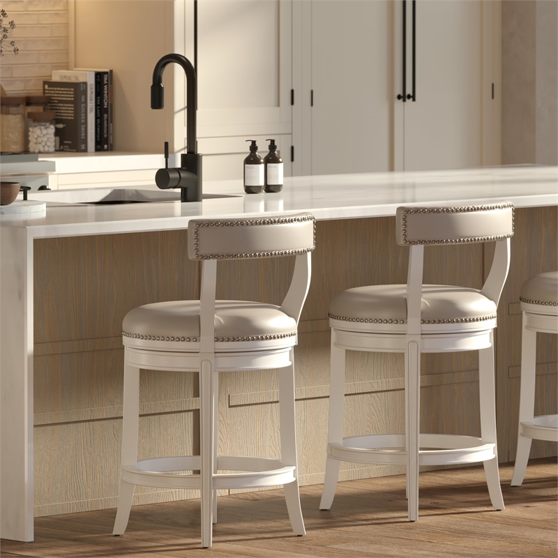 Pasha 26in. Counter-Height Swivel Bar Stool- White with Gray Faux Leather Seat