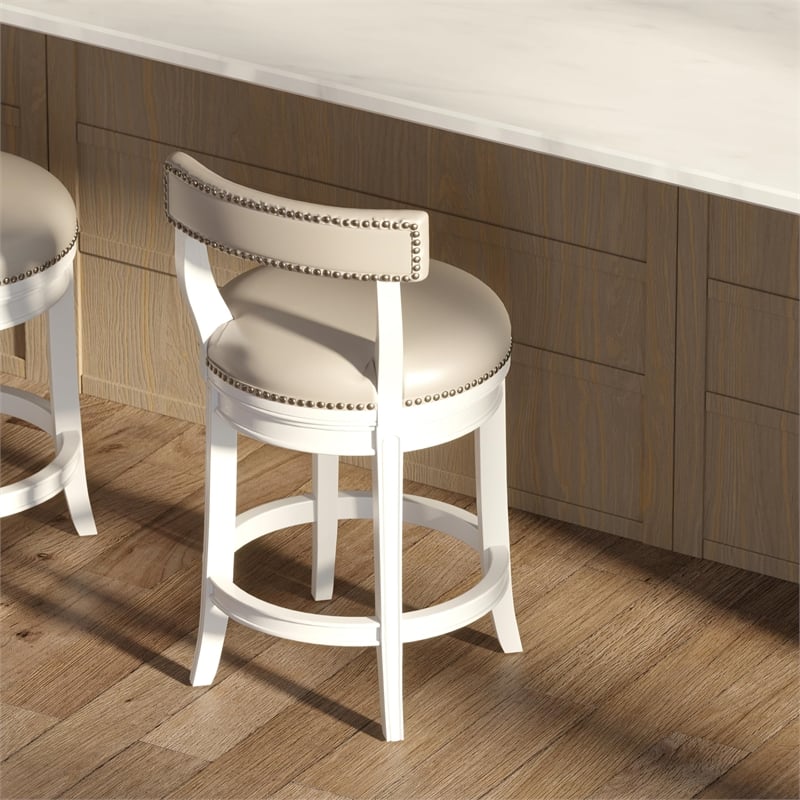 Pasha 26in. Counter-Height Swivel Bar Stool- White with Gray Faux Leather Seat