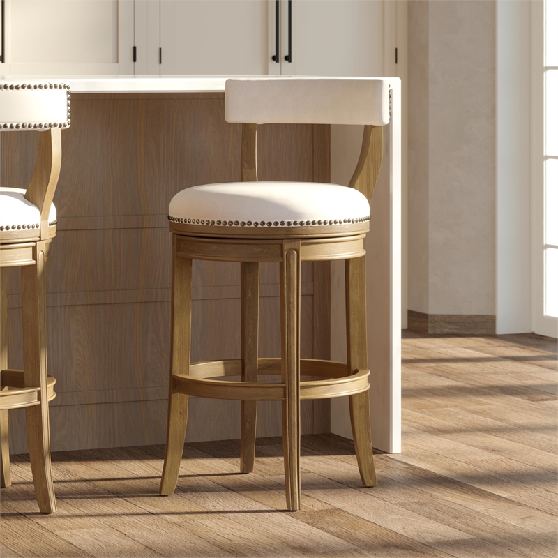 Pasha 31in. Bar-Height Wood Bar Stool- Pecan Finish with Linen Fabric Seat