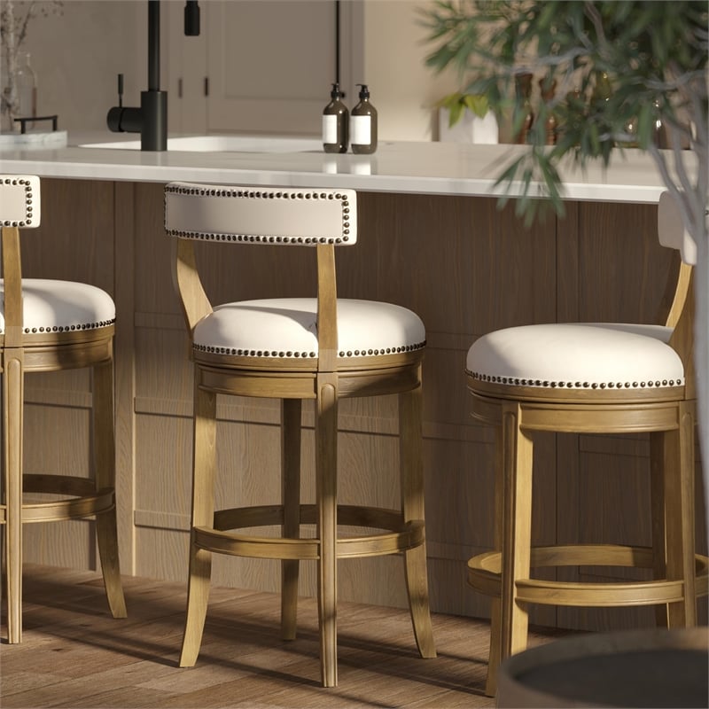 Pasha 31in. Bar-Height Wood Bar Stool- Pecan Finish with Linen Fabric Seat