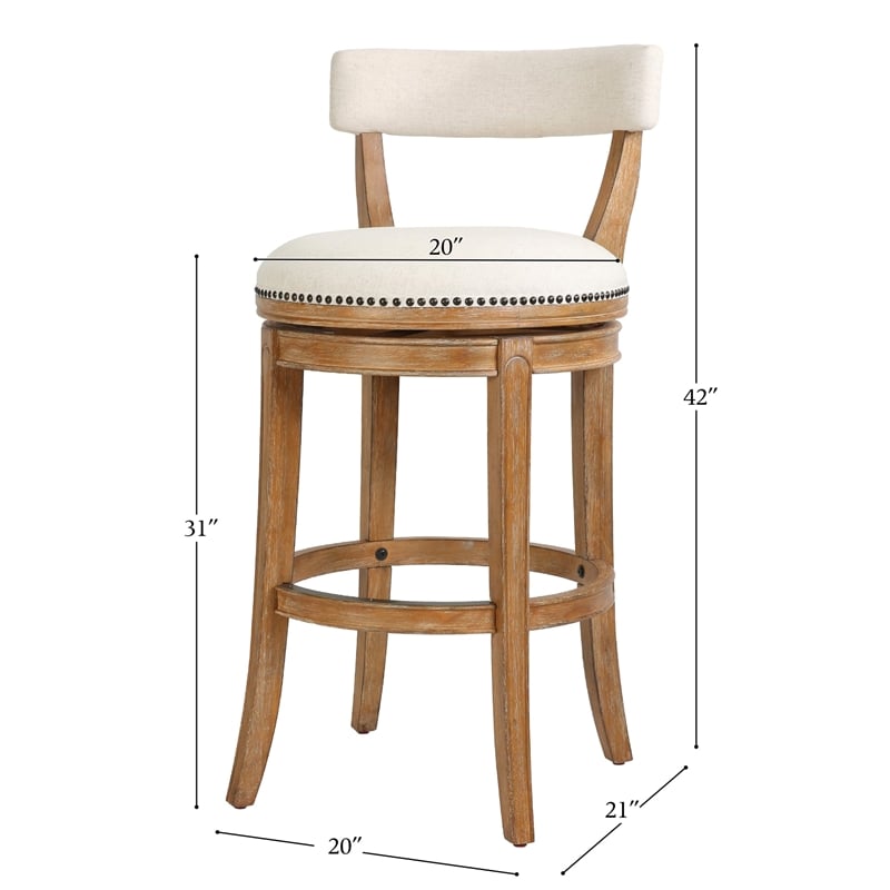 Pasha 31in. Bar-Height Wood Bar Stool- Pecan Finish with Linen Fabric Seat