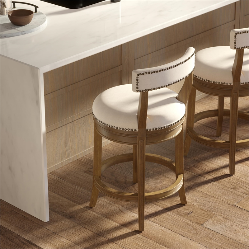Pasha 26in. Counter-Height Bar Stool- Pecan Finish with Linen Fabric Seat