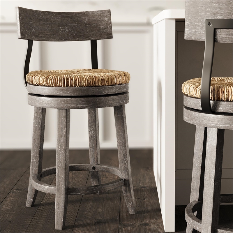 Farmhouse 26in.Reclaimed Gray Counter-Height Stool with Natural Seagrass Seat