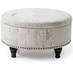 nathaniel home riley round fabric upholstered vintage script storage ottoman