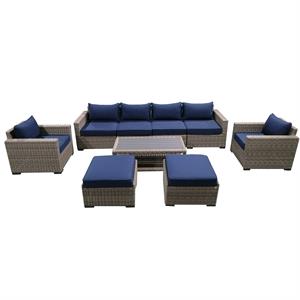 9-piece wicker rattan outdoor sectional set with blue cushions and coffee table