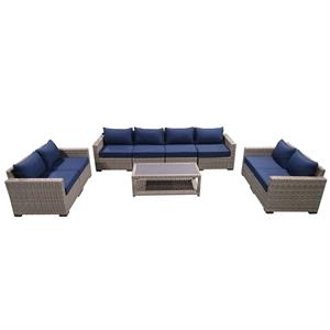 9-piece wicker rattan outdoor sectional set with blue cushions and coffee table