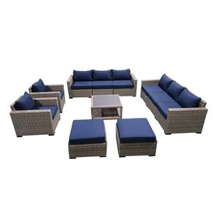 11-piece wicker rattan outdoor sectional set with blue cushions and coffee table