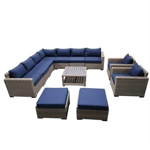 12-piece wicker rattan outdoor sectional set with blue cushions and coffee table
