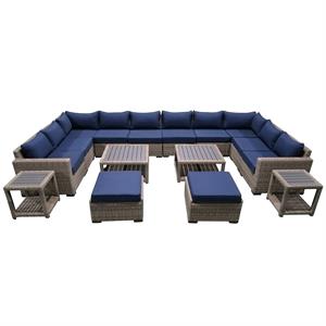 16-piece wicker rattan outdoor sectional set with blue cushions and coffee table