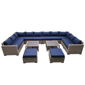 14-piece wicker rattan outdoor sectional set with blue cushions and coffee table