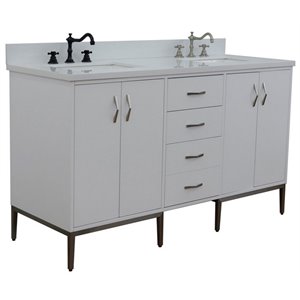 Tivoli 61&quot Double Rectangle Sink Vanity in White/White Quartz Stone