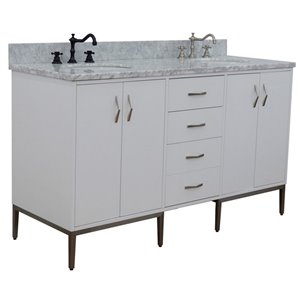 Tivoli 61&quot Double Oval Sink Solid Wood Vanity in White/White Carrara
