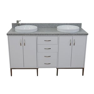 Tivoli 61&quot Double Round Sink Solid Wood Vanity in White/Gray Granite Stone