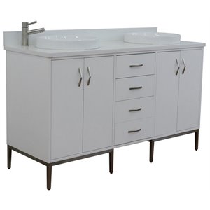 Tivoli 61&quot Double Round Sink Solid Wood Vanity in White/White Quartz Stone