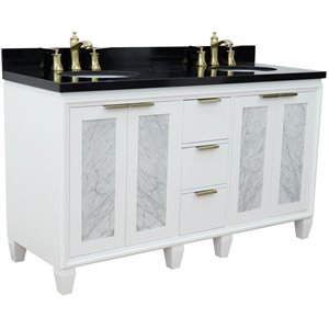 Trento 61&quot Double Oval Sink Solid Wood Vanity in White/Black Galaxy