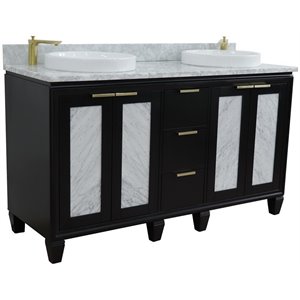 Trento 61&quot Double Round Sink Solid Wood Vanity in Blue/White Carrara