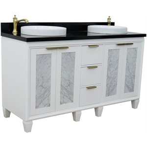Trento 61&quot Double Round Sink Solid Wood Vanity in White/Black Galaxy