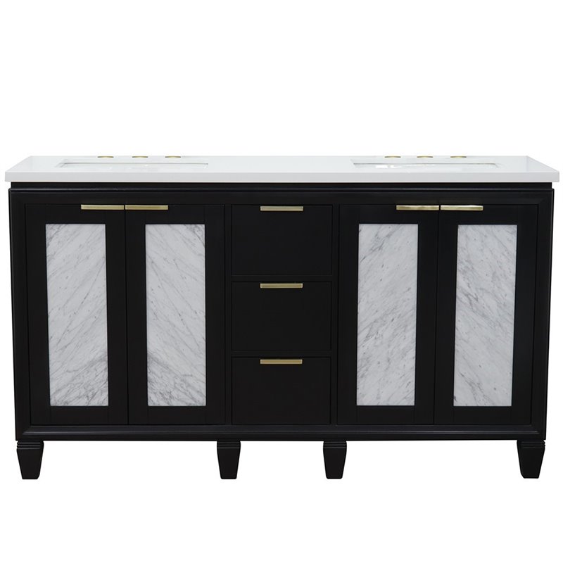 Trento Double Rectangle Sink Solid Wood Vanity in Blue/White Quartz Stone
