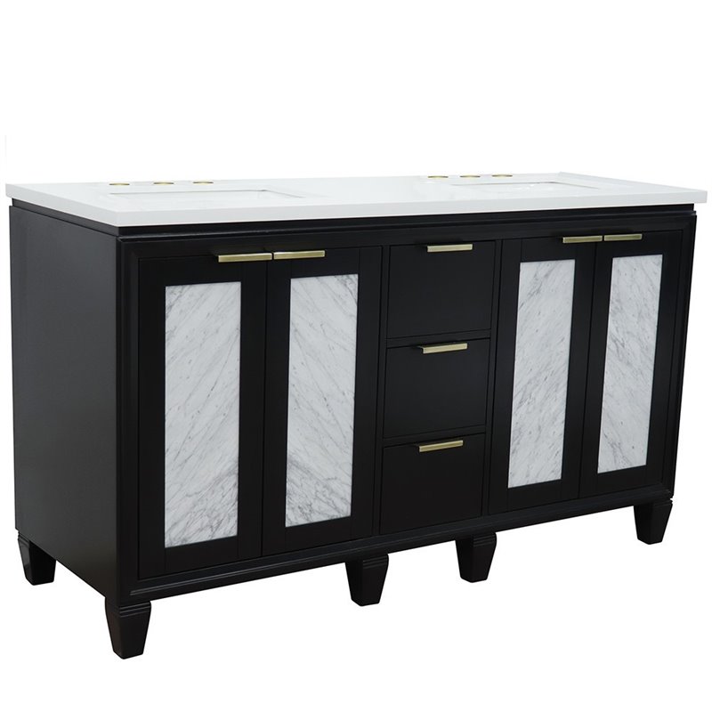 Trento Double Rectangle Sink Solid Wood Vanity in Blue/White Quartz Stone