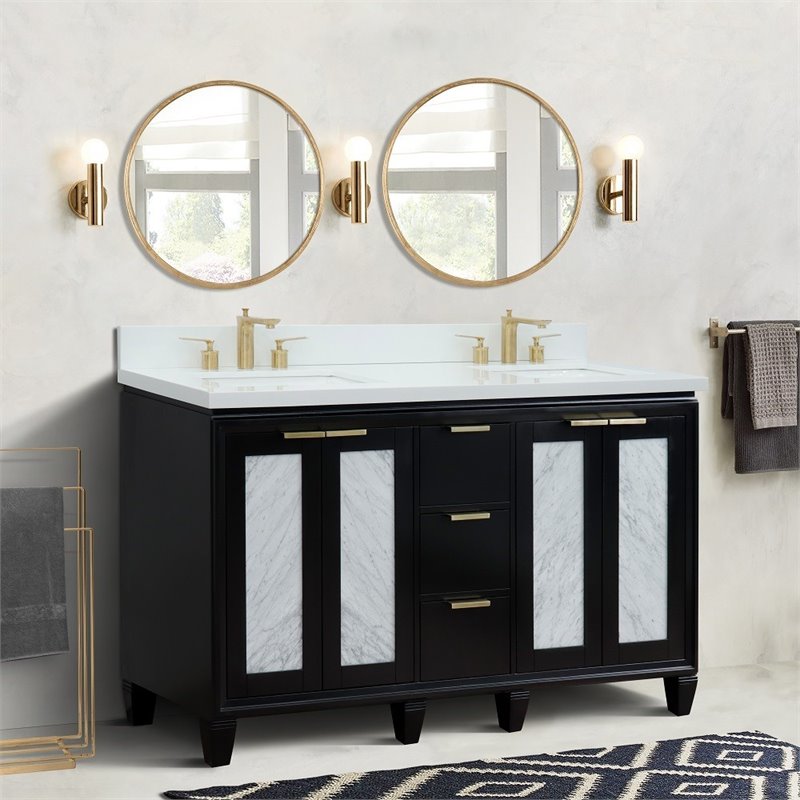 Trento Double Rectangle Sink Solid Wood Vanity in Blue/White Quartz Stone