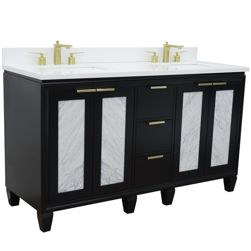 Trento Double Rectangle Sink Solid Wood Vanity in Blue/White Quartz Stone