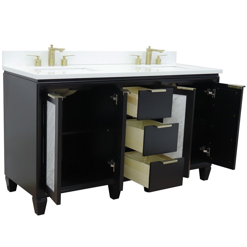 Trento Double Rectangle Sink Solid Wood Vanity in Blue/White Quartz Stone