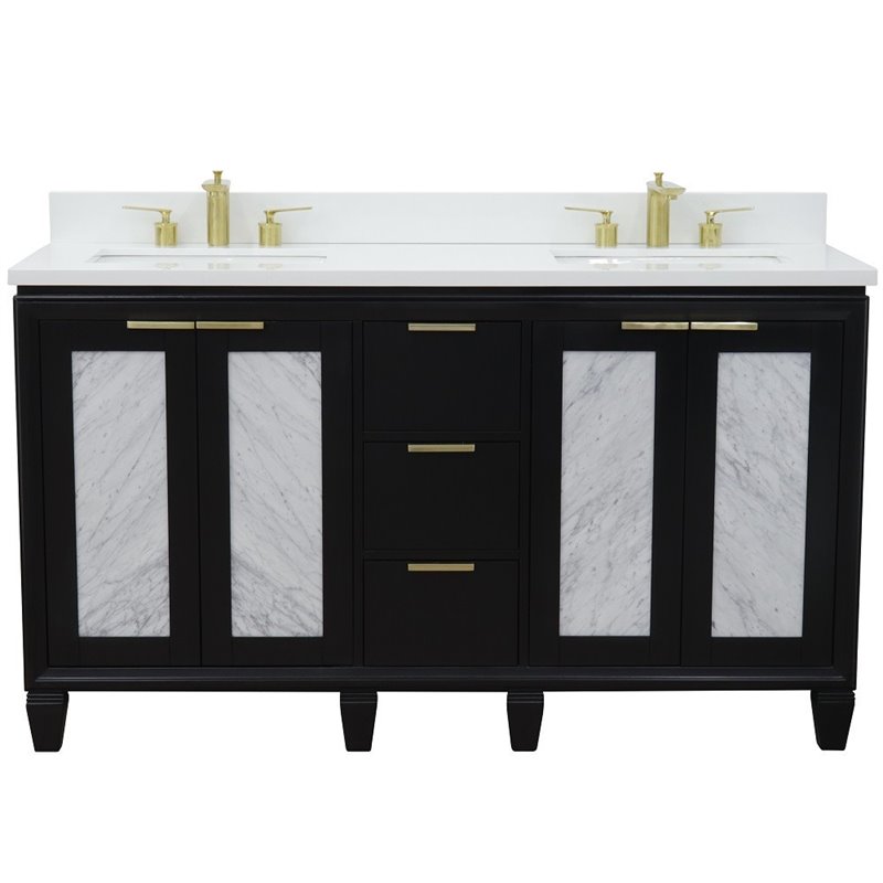Trento Double Rectangle Sink Solid Wood Vanity in Blue/White Quartz Stone