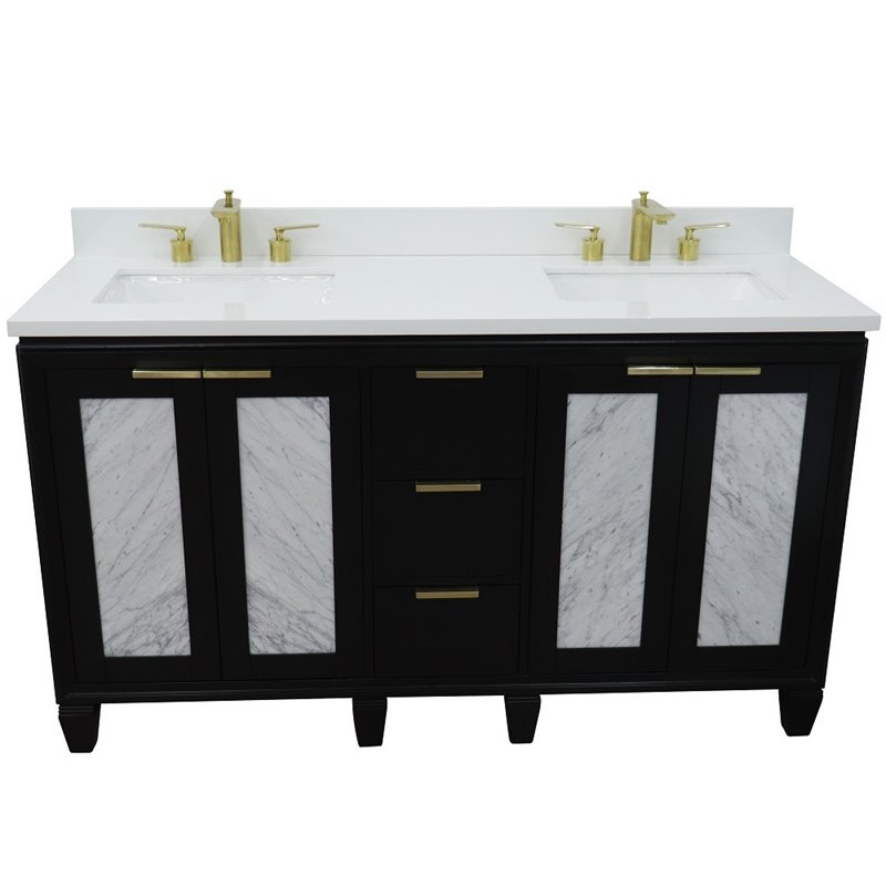 Trento Double Rectangle Sink Solid Wood Vanity in Blue/White Quartz Stone