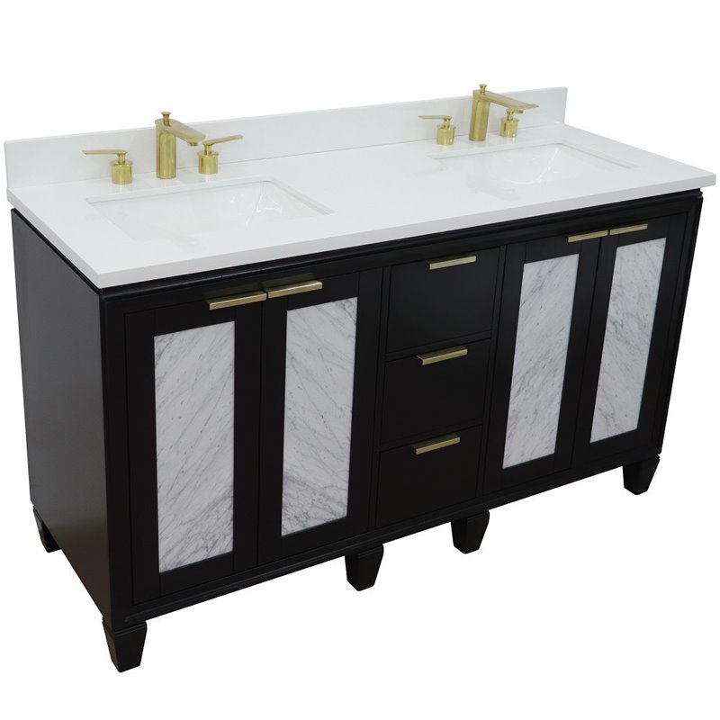 Trento Double Rectangle Sink Solid Wood Vanity in Blue/White Quartz Stone