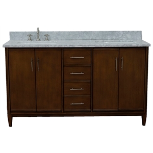 MCM 61&quot Solid Wood Double Rectangle Sink Vanity in Walnut/White Carrara