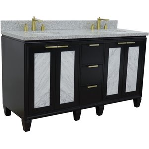 Trento 61&quot Double Oval Sink Solid Wood Vanity in Blue/Gray Granite Stone