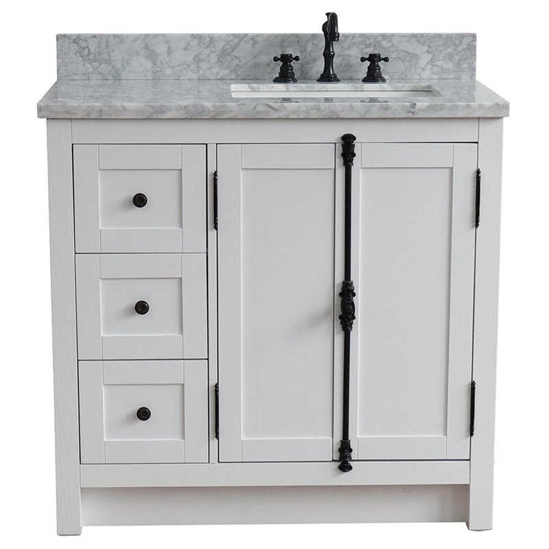 Plantation Solid Wood Single Vanity with Right Rectangle Sink in White/Ash