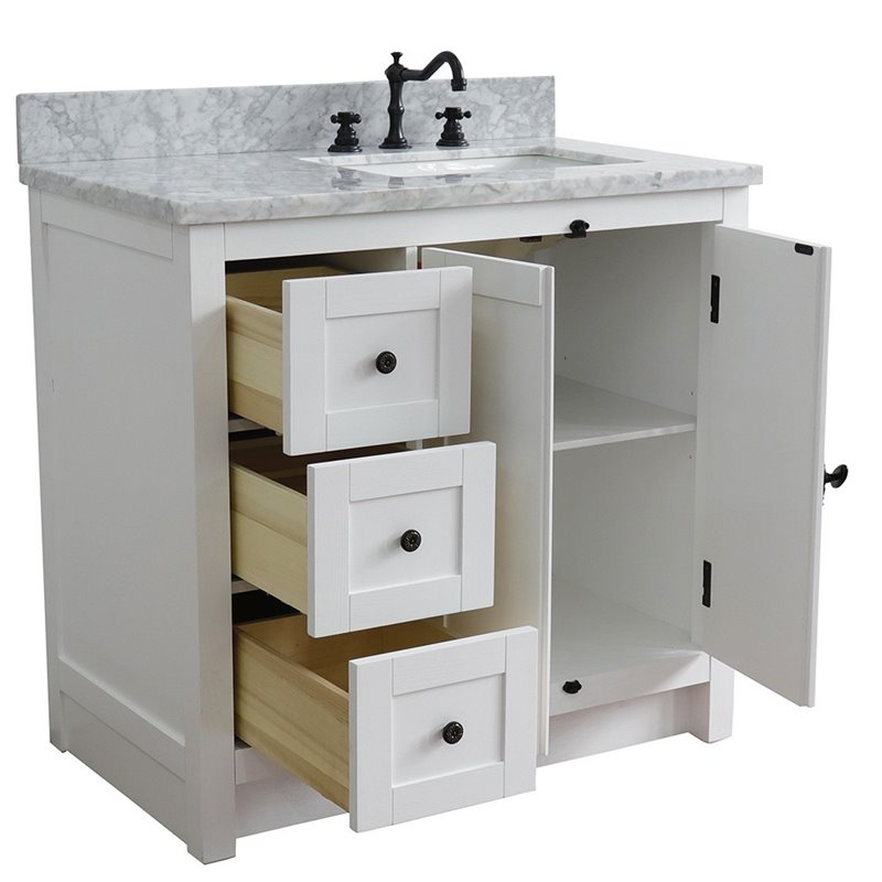 Plantation Solid Wood Single Vanity with Right Rectangle Sink in White/Ash