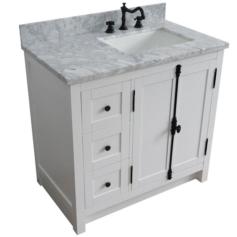 Plantation Solid Wood Single Vanity with Right Rectangle Sink in White/Ash