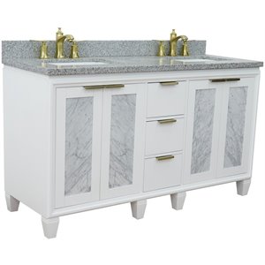 Trento Double Rectangle Sink Solid Wood Vanity in White/Gray Granite Stone