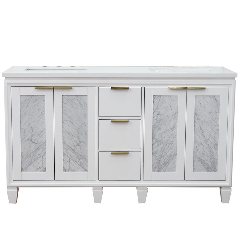 Trento Double Rectangle Sink Solid Wood Vanity in White/White Quartz Stone