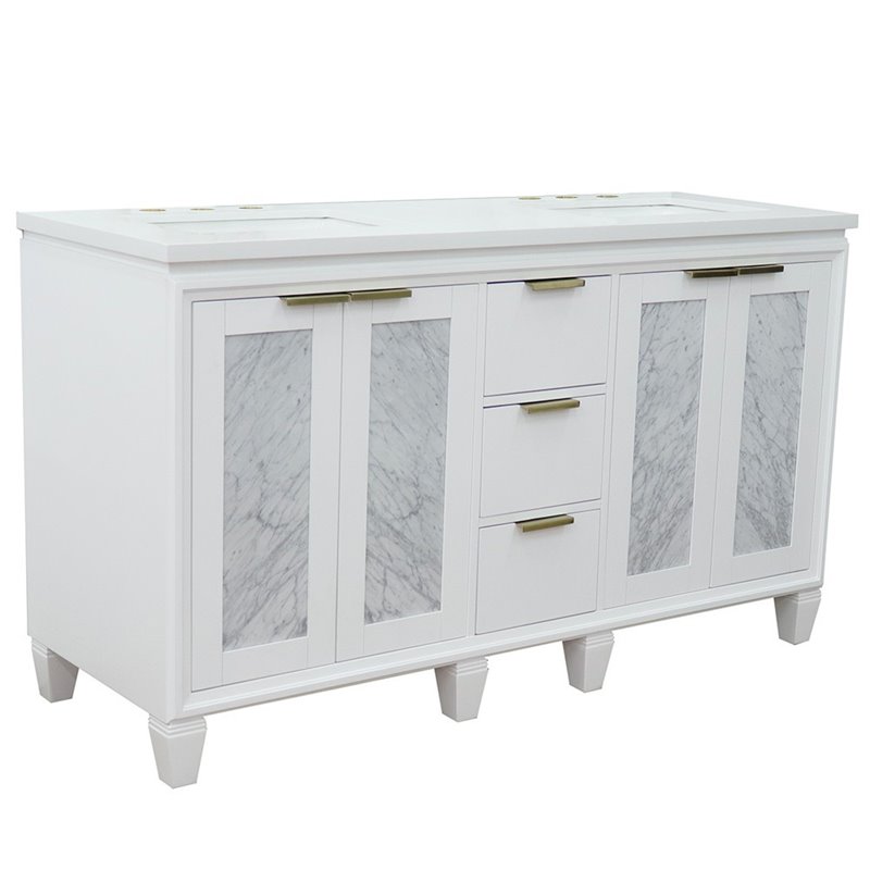 Trento Double Rectangle Sink Solid Wood Vanity in White/White Quartz Stone