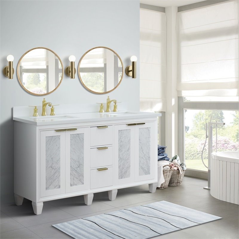 Trento Double Rectangle Sink Solid Wood Vanity in White/White Quartz Stone