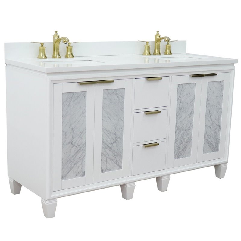 Trento Double Rectangle Sink Solid Wood Vanity in White/White Quartz Stone