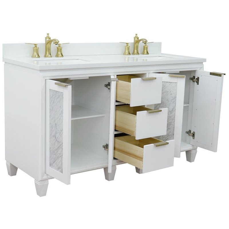 Trento Double Rectangle Sink Solid Wood Vanity in White/White Quartz Stone