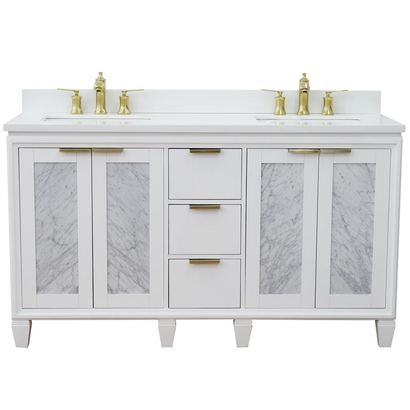 Trento Double Rectangle Sink Solid Wood Vanity in White/White Quartz Stone