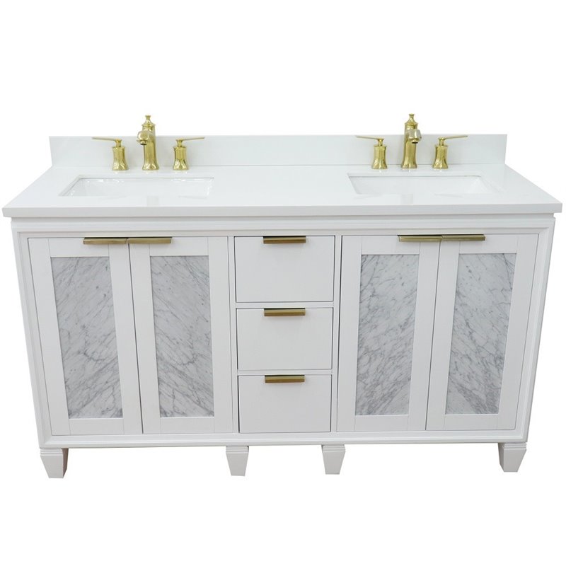 Trento Double Rectangle Sink Solid Wood Vanity in White/White Quartz Stone