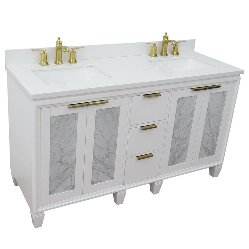Trento Double Rectangle Sink Solid Wood Vanity in White/White Quartz Stone