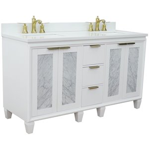 Trento Double Rectangle Sink Solid Wood Vanity in White/White Quartz Stone