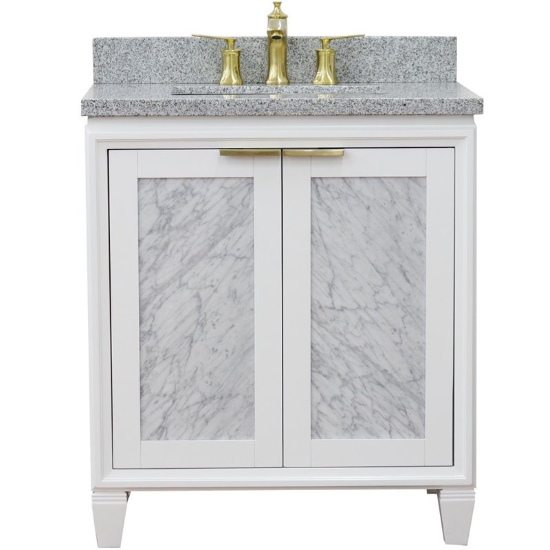 Trento Single Rectangle Sink Solid Wood Vanity in White/Gray Granite Stone