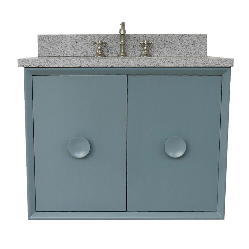 Stora Wall Mount Oval Sink Vanity with Gray Granite Stone Top in Blue