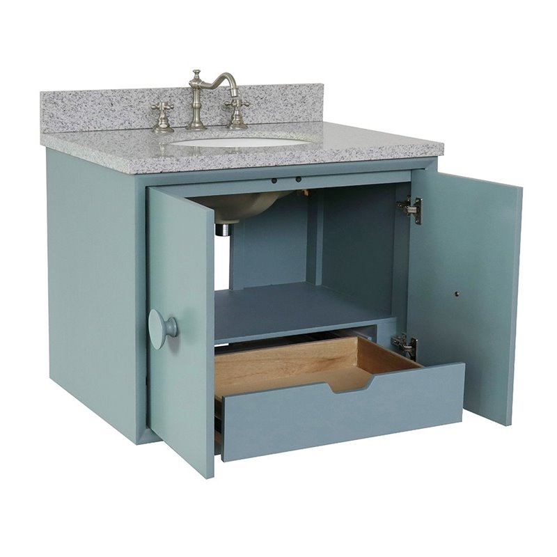 Stora Wall Mount Oval Sink Vanity with Gray Granite Stone Top in Blue