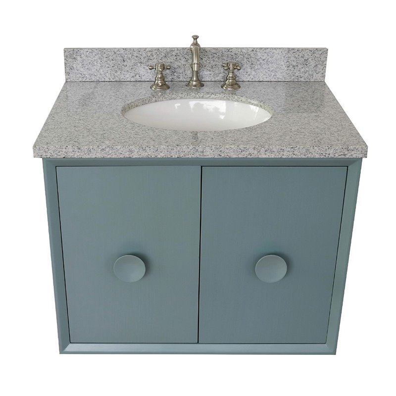 Stora Wall Mount Oval Sink Vanity with Gray Granite Stone Top in Blue