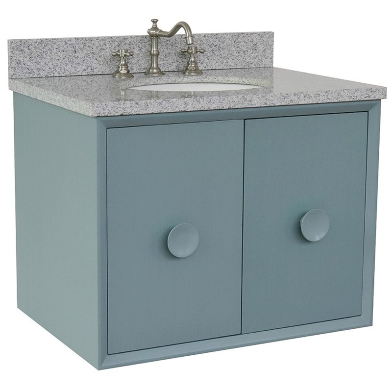 Stora Wall Mount Oval Sink Vanity with Gray Granite Stone Top in Blue