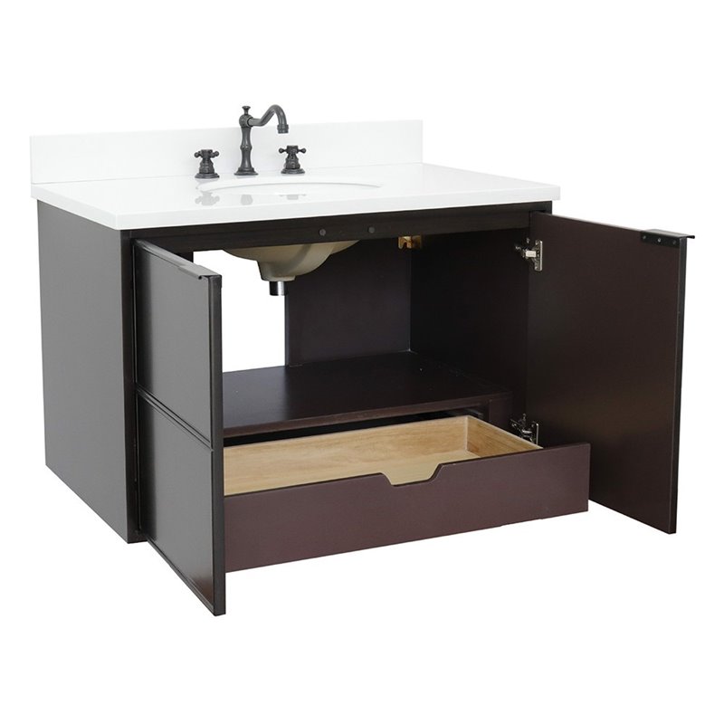 Scandi Wall Mount Oval Sink Vanity in Cappuccino/White Quartz Stone